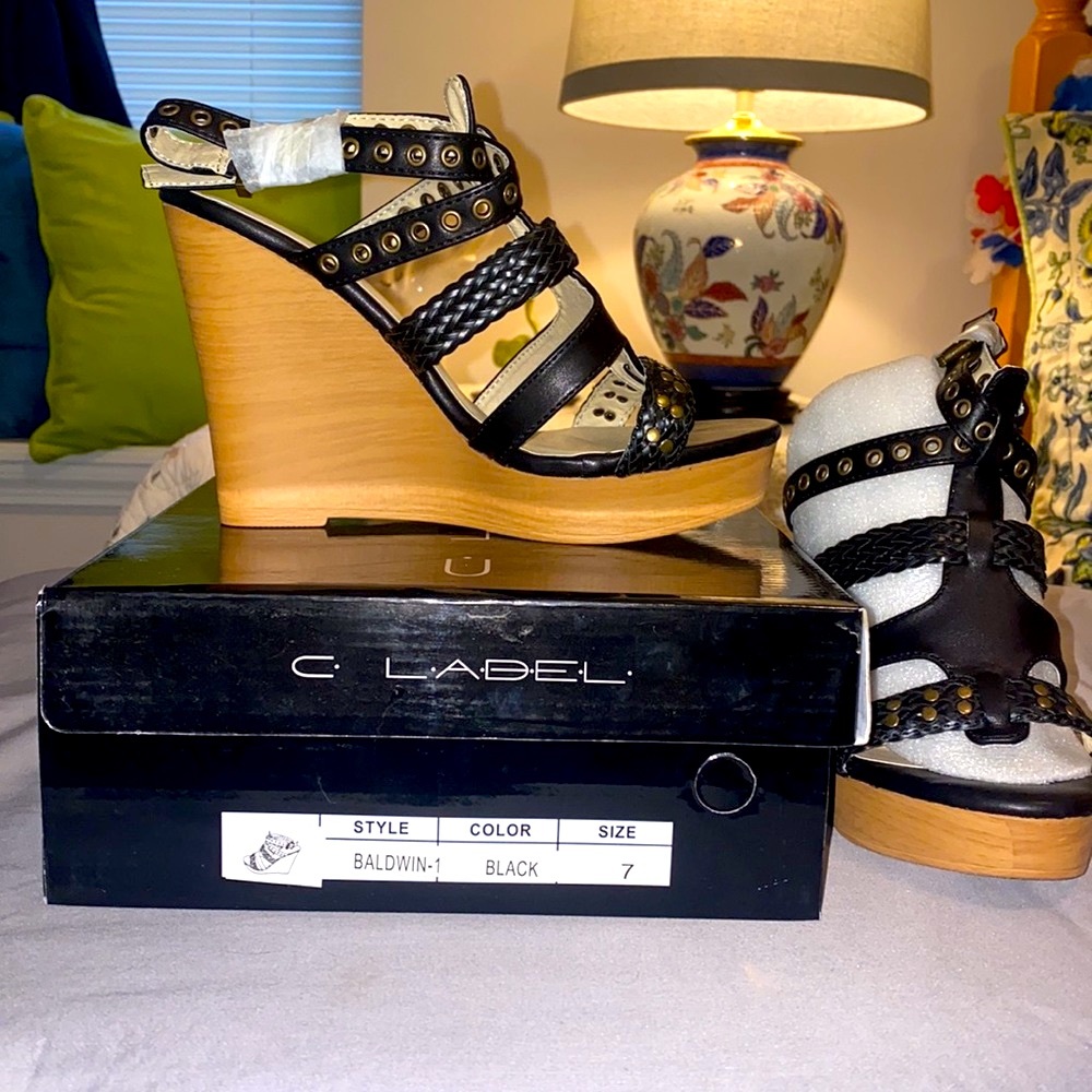 Wedge Sandals Studded & Riveted Black New with tags in box C Label